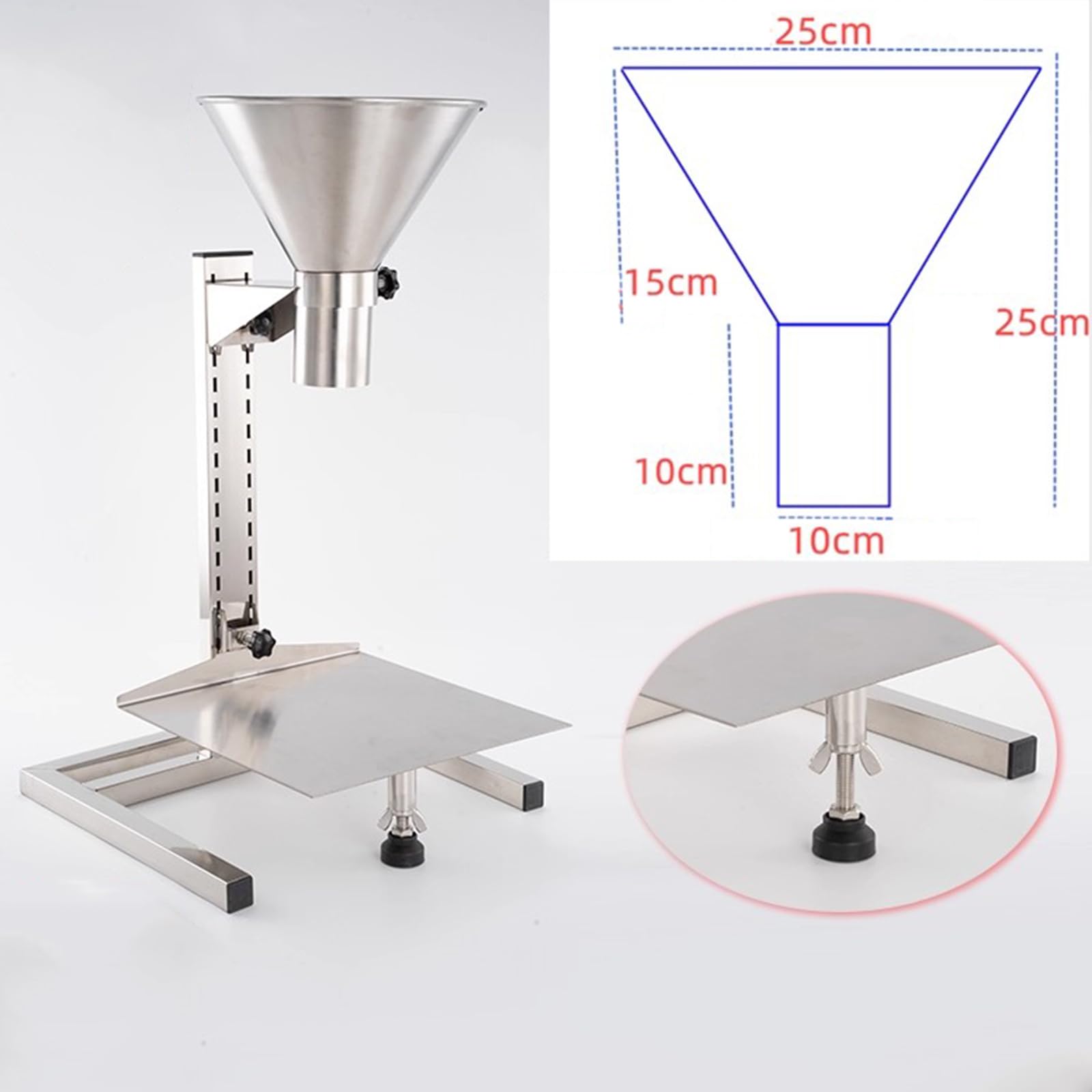 Tolva de alimentación de acero inoxidable con soporte y plataforma de elevación para un fácil llenado de polvo, pasta, líquido, gránulos