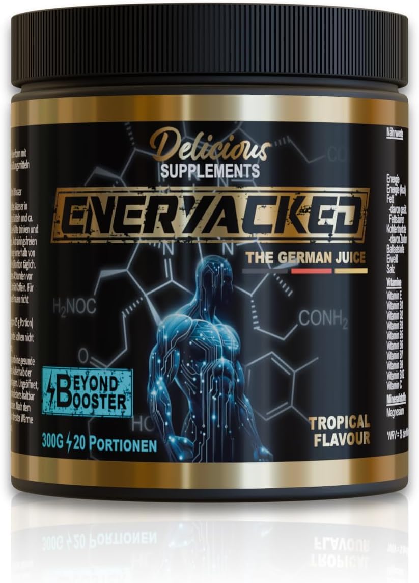 Eneryacked Booster - Pre Workout Booster mit Kreatin Monohydrat, Koffein & Aminosäuren - 60 Portionen (900g) - für Fokusphasen beim Training, mit Geschmack - Delicious Supplements - Made in Germany