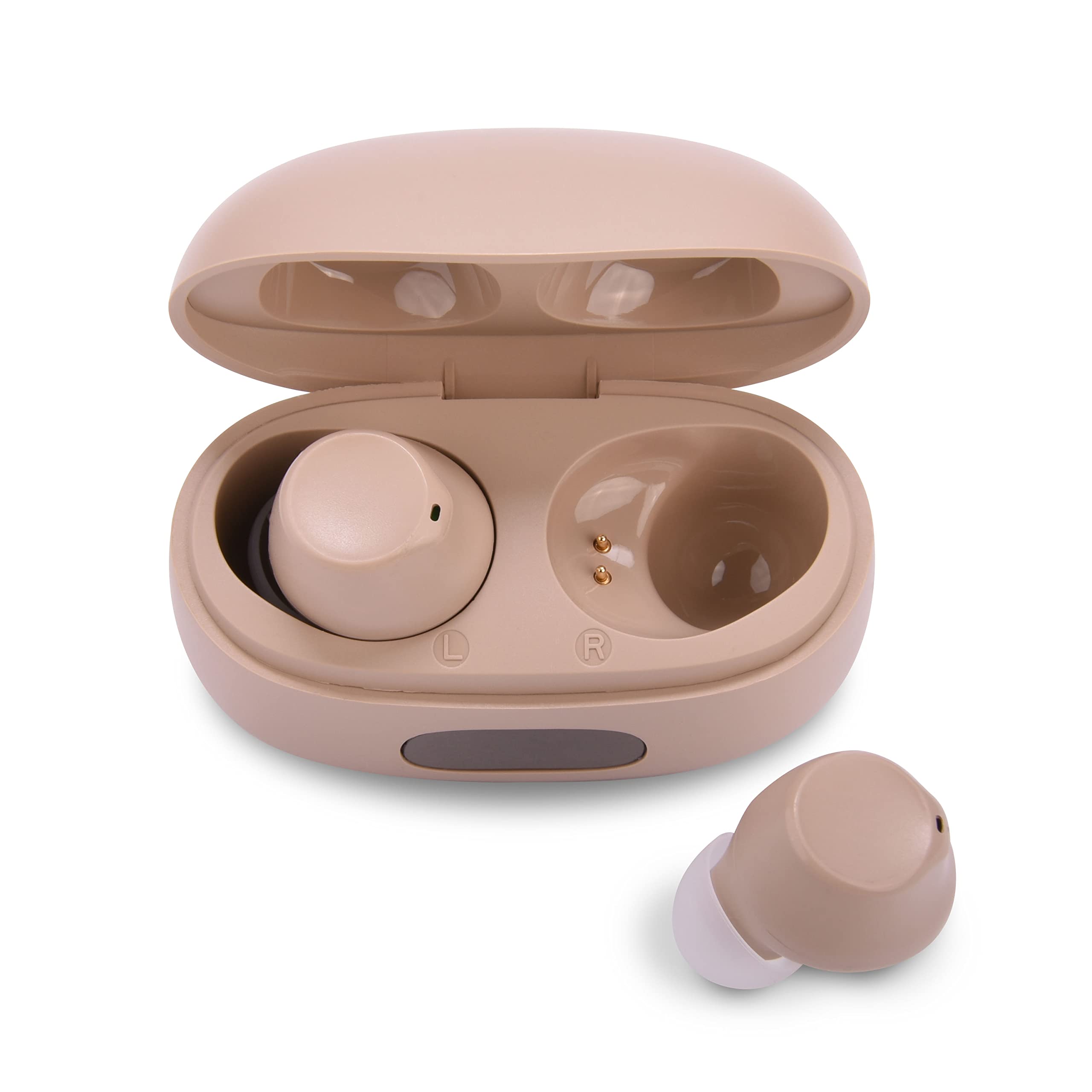 RCA OTC Hearing Aids with Charging Case – in-Ear Hearing Aids, Easy to Use One-Button Operation, Rechargeable, 15-Hour Battery Life, Water-Resistant (Standard, Beige)