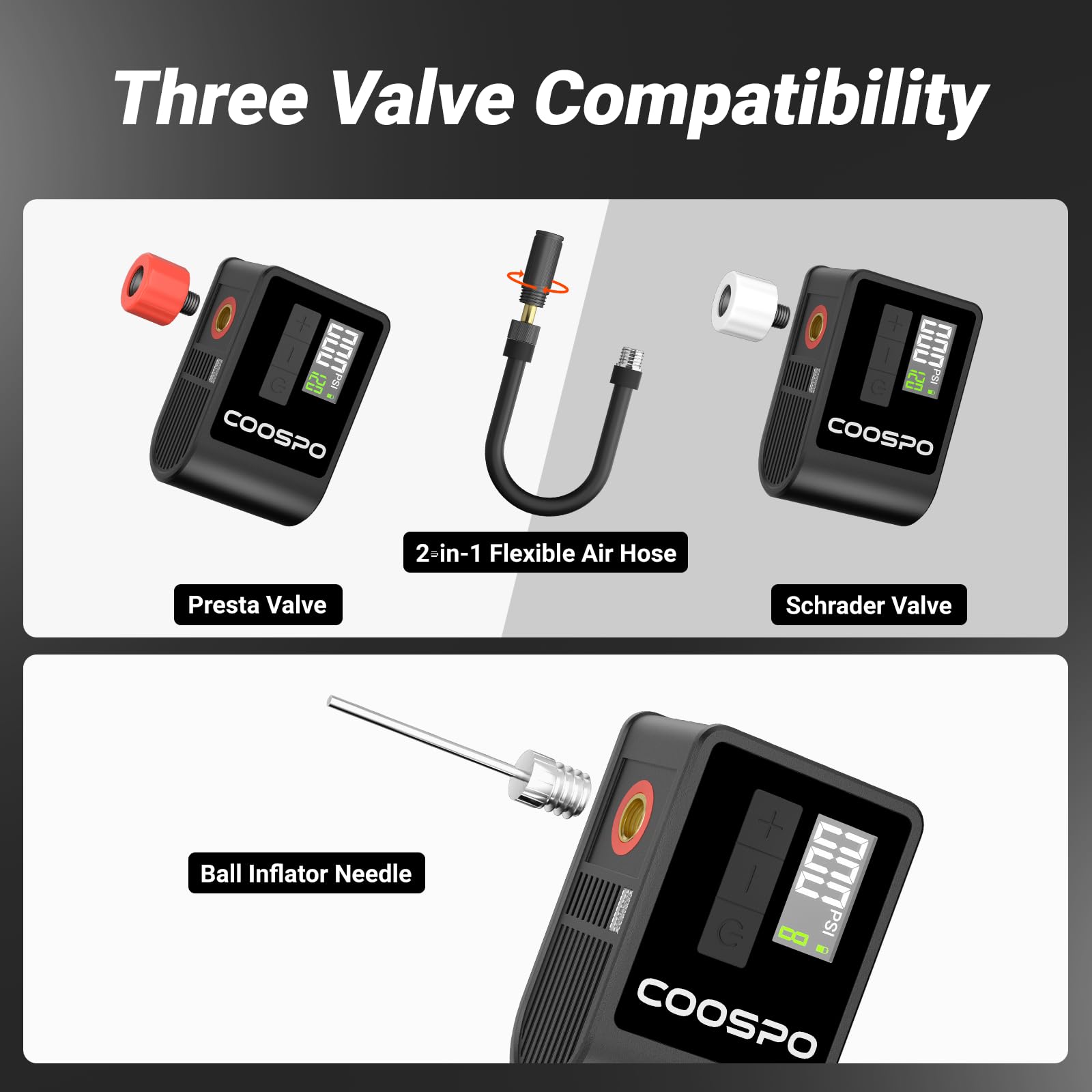 CooSpo Mini Fahrradpumpe, 120 PSI Elektrische Fahrradluftpumpe, Tragbare Fahrradpumpe mit Presta- und Schrader-Ventil für Rennrad, Mountainbikes, Stadträder und E-Bikes