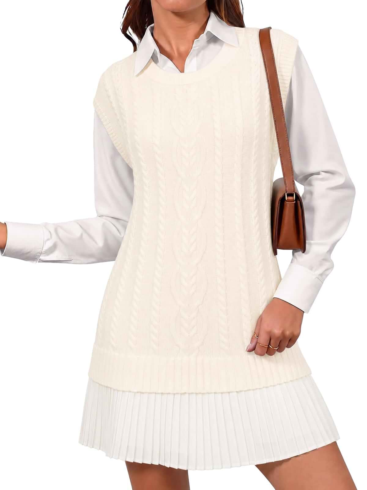 Fisoew Womens Cable Knit Sweater Vest Pleated Patchwork Sleeveless Dress Twofer Style, Crewneck, Cotton, Flowy, Pullover Vest, Tunic Top, Casual, Fall Fashion