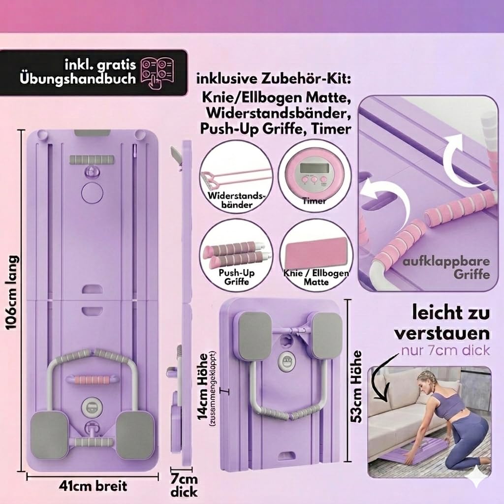Pilates Board für Zuhause – Reformer Maschine als vielseitiges Fitness Gerät für Ganzkörpertraining, Bauch Beine Po, Home Workout & Home Fitness inklusive Video Übungen und Widerstandsband