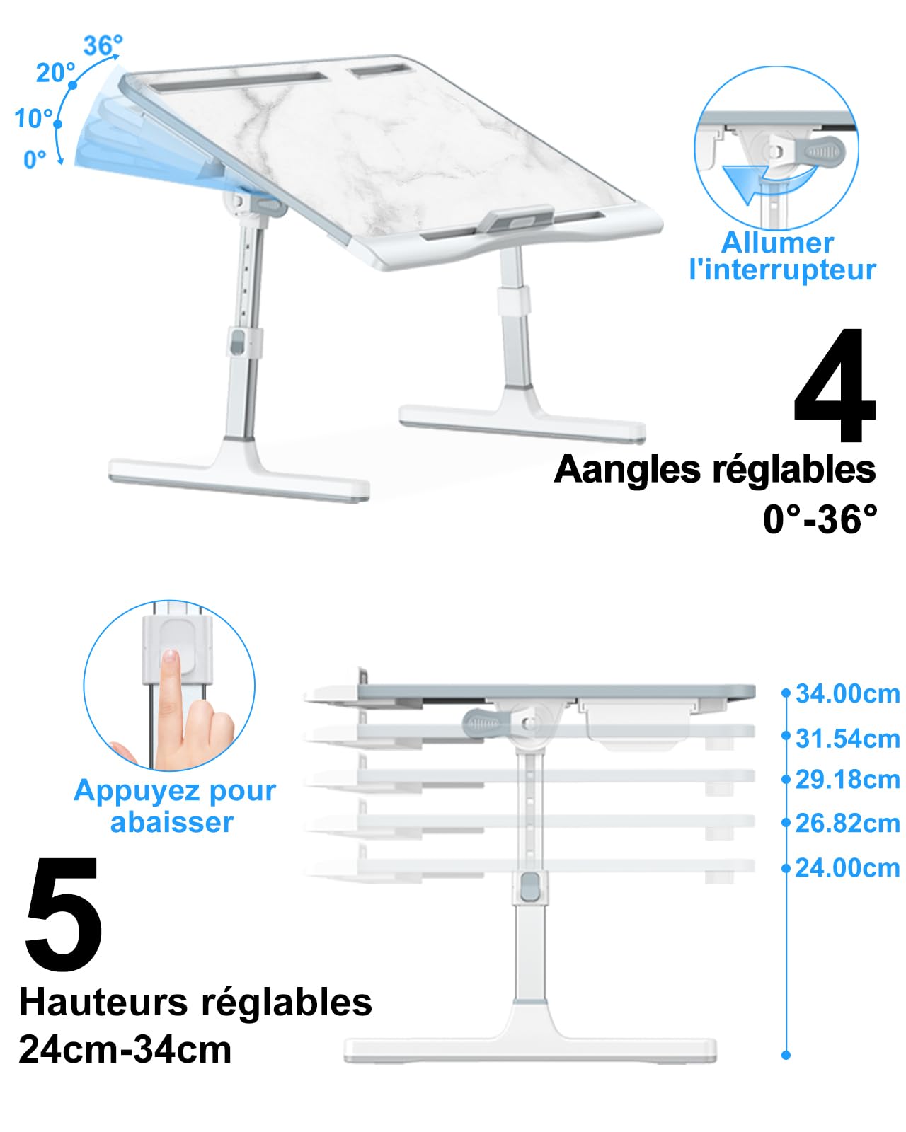 Potuopy Table de lit à Hauteur réglable, Pliable pour Ordinateur Portable, pour Travailler, Lire et Manger sur Le Sol du canapé (Marbre, 60 * 40cm)