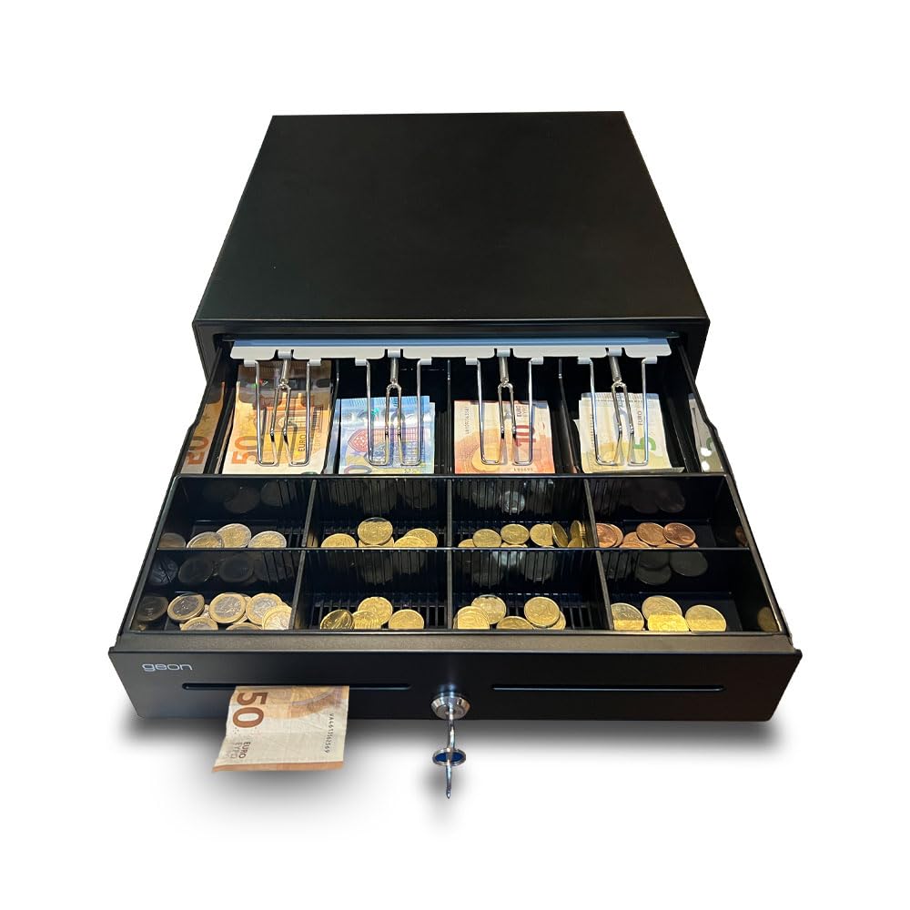 Cajón Portamonedas Caja Registradora - Apertura Automática RJ11 o Manual con Llaves - Organizador de Dinero 4 Compartimentos para Billetes 8 para Monedas - 41x42x11cm - Estructura Metálica - Negro
