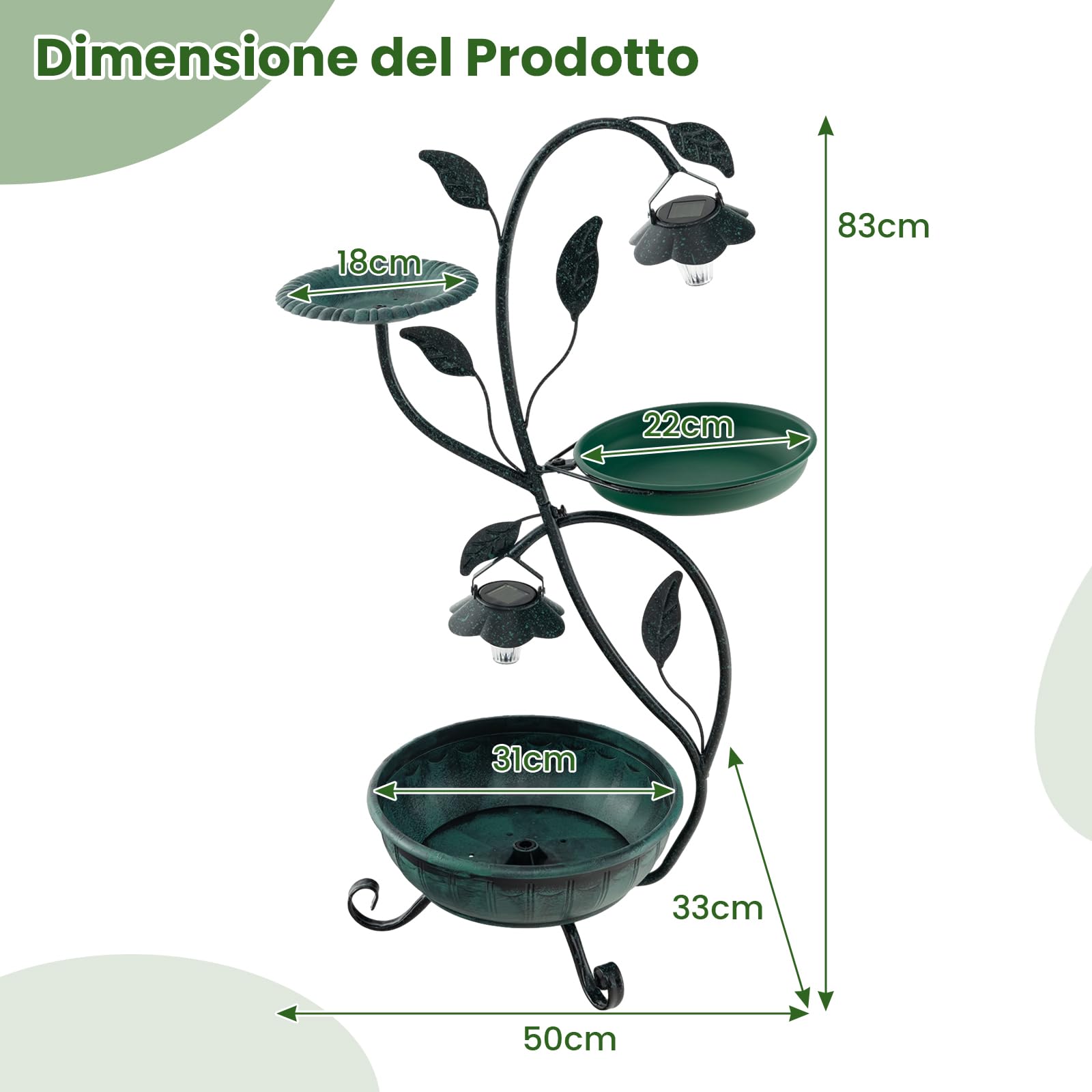 COSTWAY Mangiatoia per Uccelli da Giardino 83CM, Vasca per Uccelli da Esterno Alimentata a Energia Solare con Piedistallo per Fiori e 2 Luci LED, per Giardino, Cortile e Prato, Bronzo