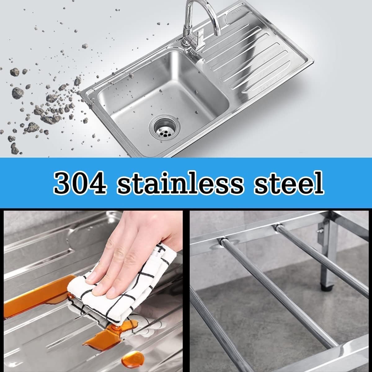 Free Standing Utility Sink Stainless Steel Outdoor Laundry Tub, Single Bowl Washing Hand Basin Station Sink, with Storage Shelves for Camping,Garage,Restaurant,Kitchen,Bar,Garage,Backyard Handwashing