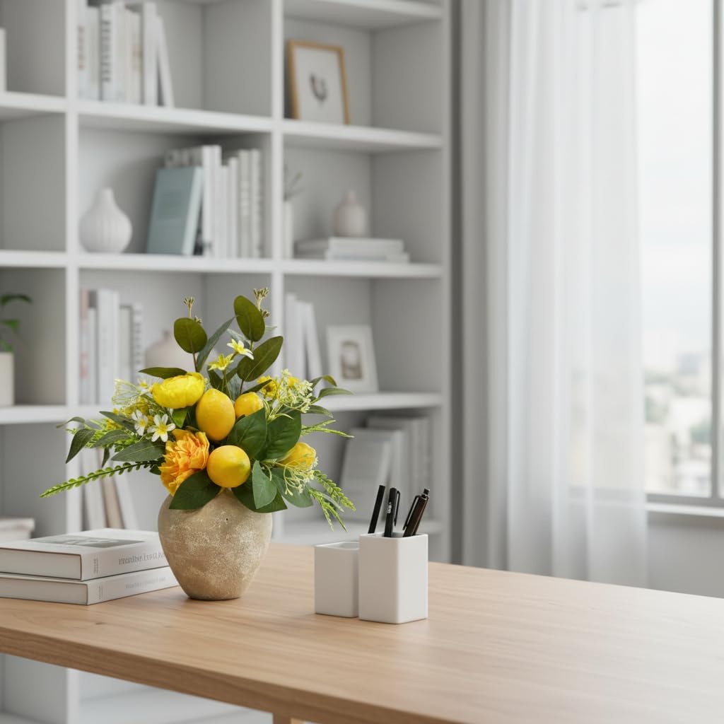 15 Inch Faux Lemon Plant in Rustic Grey Vase Artificial Peony & Eucalyptus Flower Arrangement Farmhouse Table Centerpiece for Kitchen, Shelf & Home Decor