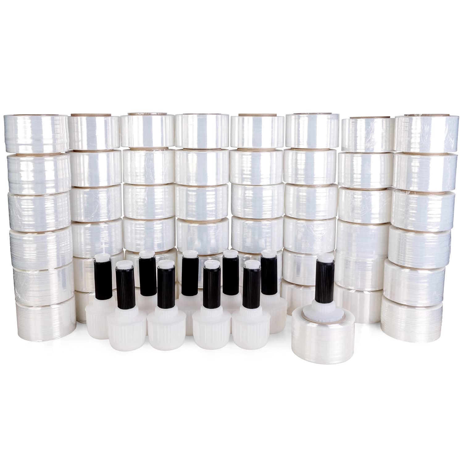 IDL Packaging 3" x 1000' Stretch Wrap Mini Roll of 80 Gauge (Pack of 180 Rolls and 10 Handles) with Plastic Reusable Handle - Extra Sticky Clear
