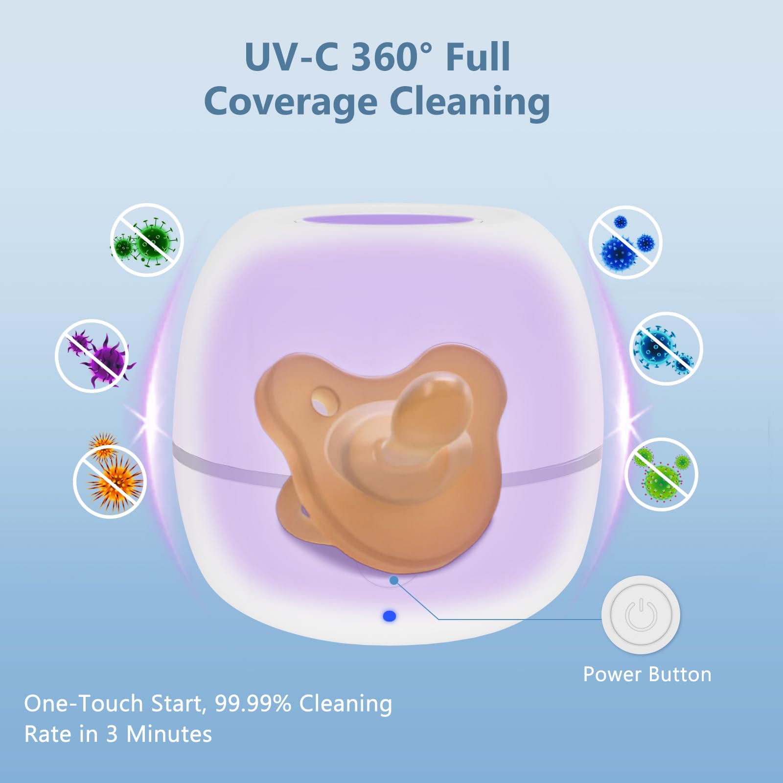 Disinfettante portatile per ciuccio, scatola disinfettante a luce UV, 99,99% pulito in 3 minuti, durata della batteria 180 min, ricaricabile USB, disinfettante per ciuccio per bambini in