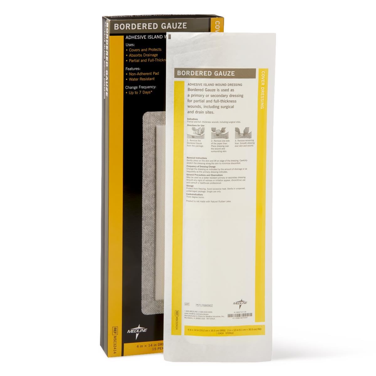 Medline MSC3222ZZ- Calibre estéril, 5 x 5 cm (paquete de 15), 4" X 14" (2" X 12" pad), blanco, 15
