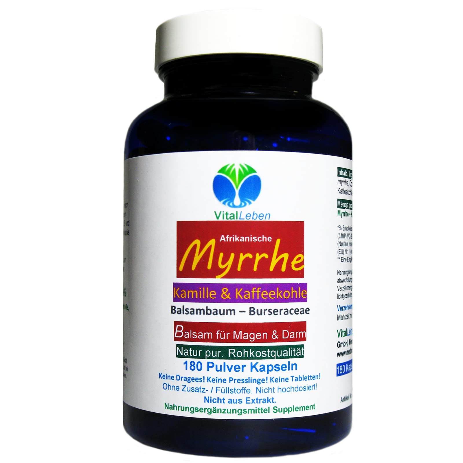 MYRRHE + KAMILLE + KAFFEEKOHLE Balsam für den gestressten Darm 180 Pulver Kapseln nach AYURVEDA und Hildegard von Bingen - NATUR pur - OHNE ZUSATZSTOFFE. 27160-180
