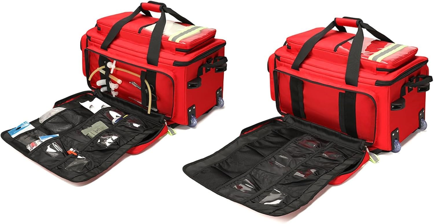 Bolsa Portátil para Botiquín De Primeros Auxilios, Bolsa De Lona Médica De Emergencia para Exteriores De Gran Capacidad, con Múltiples Bolsillos Y Compartimentos, con Reflectantes Y Ruedas