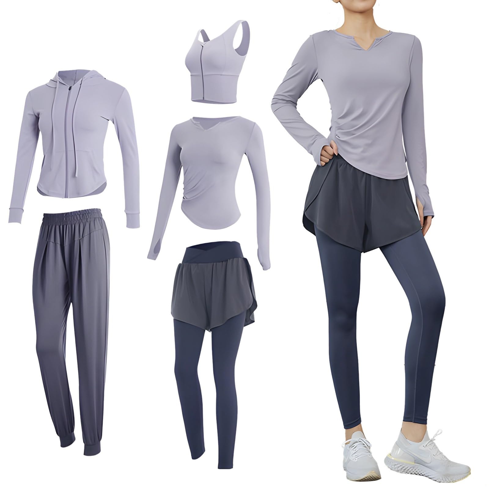 Womens 5Pc Fitness Apparel Set Long Sleeve Activewear With Hoodie Poly-Spandex Fabric Gym Clothes For 135 150 Xxl
