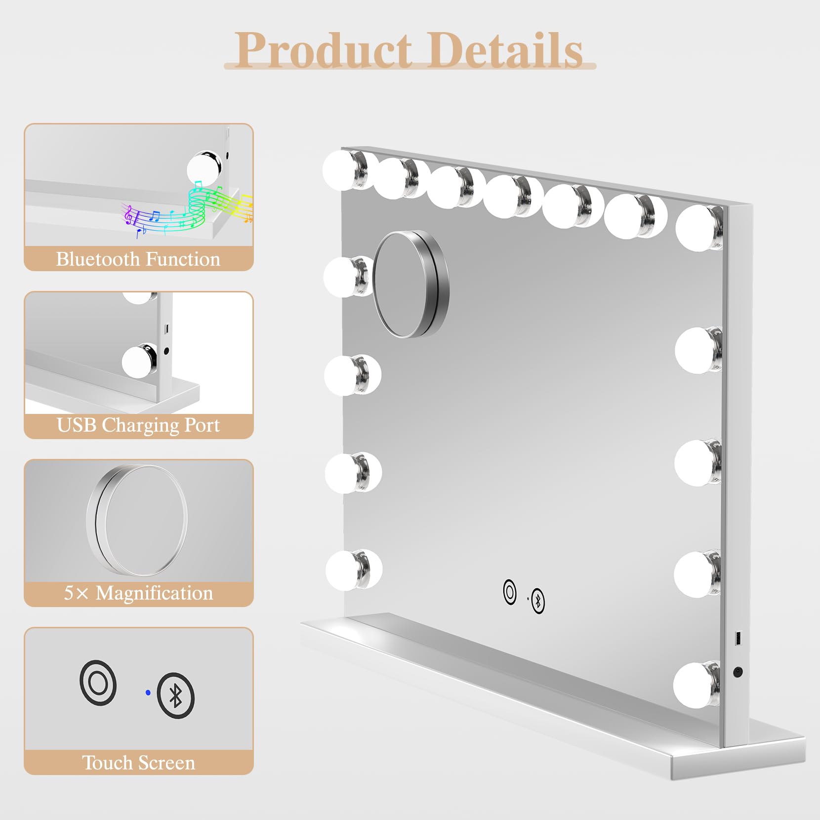 Lusterko do makijażu LED z Bluetooth, 5 ściemnianych żarówek, 3 tryby kolorów, port USB, duża toaletka do sypialni i garderoby