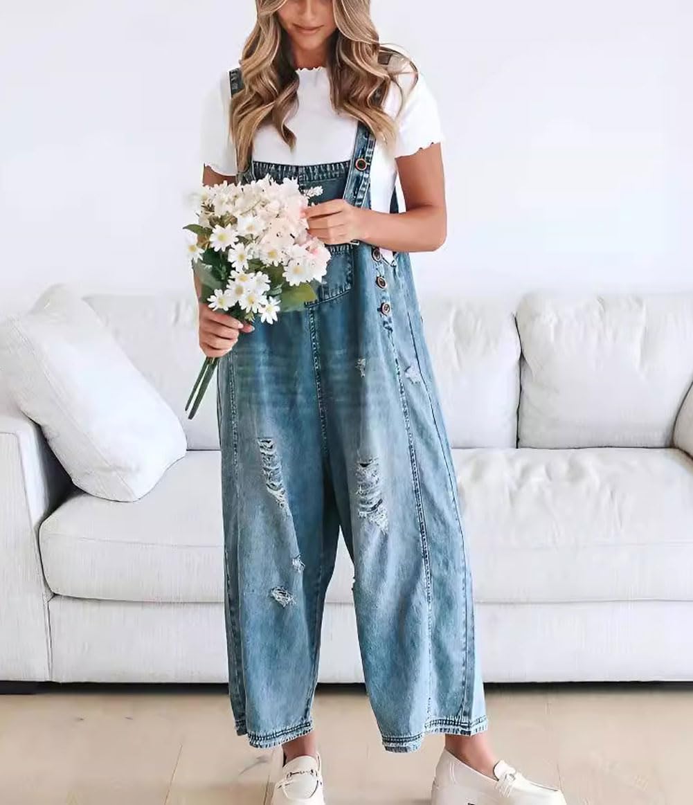 chouyatou Tuta da donna con bretelle regolabili in denim con bretelle larghe e effetto invecchiato