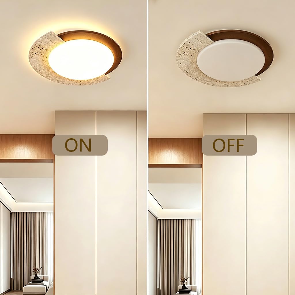 Lámpara De Techo De Piedra Huangdong De Estilo Wabi-sabi LED 52 W Lámpara De Techo Redonda Con Marco De Madera Maciza Temperatura De Color Regulable En Tres Tonos Ideal Para El Salón