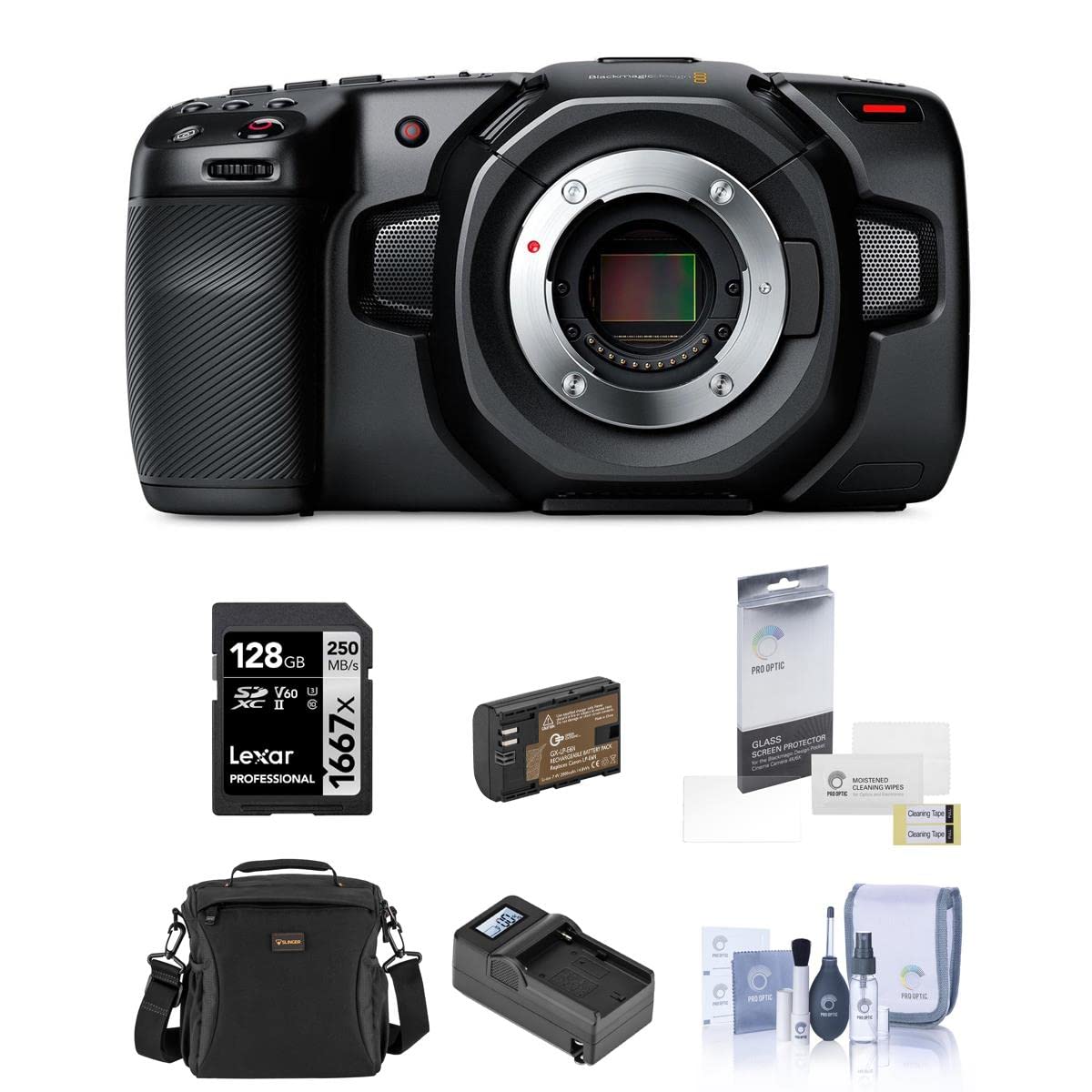 Blackmagic Design Pocket Cinema Camera 4K, Bundle, Extra Battery, Smart Charger, 128GB Memory Card, Shoulder Bag, Screen Protector, Cleaning Kit for Professional Digital Video Recording (8 Items)
