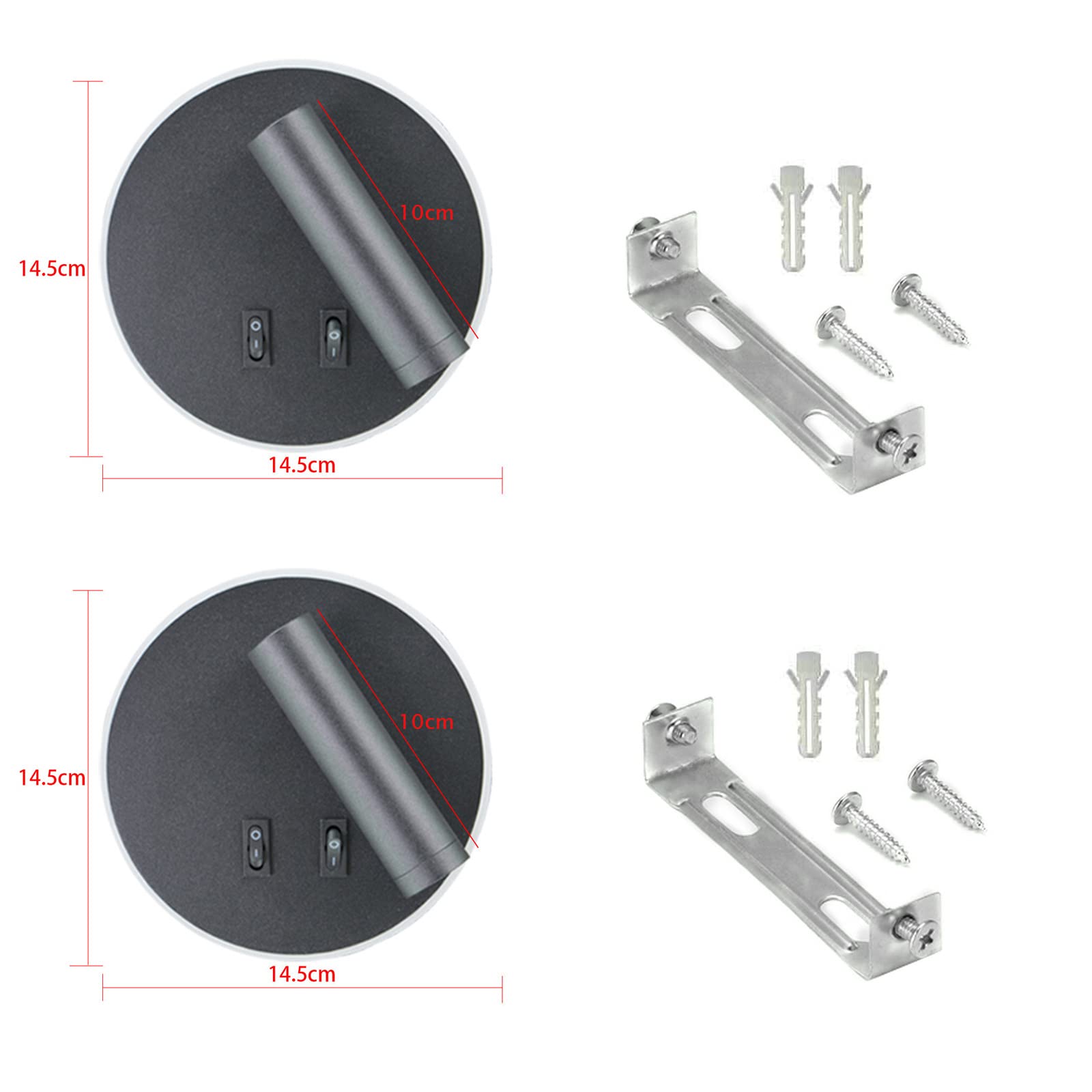 Lampada da parete a LED, lampada da parete da lettura sul comodino, lampade da lettura a parete a LED da 12 W, faretto regolabile （3W + 9W 3000K luce calda） nero (Nero（Forma rotonda） 2PCS)