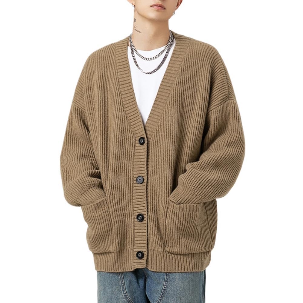 POHADON Mens Cardigan Sweater Button Down Long Sleeve V Neck Cable Knit Sweaters Japanese Streetwear Grunge Clothes