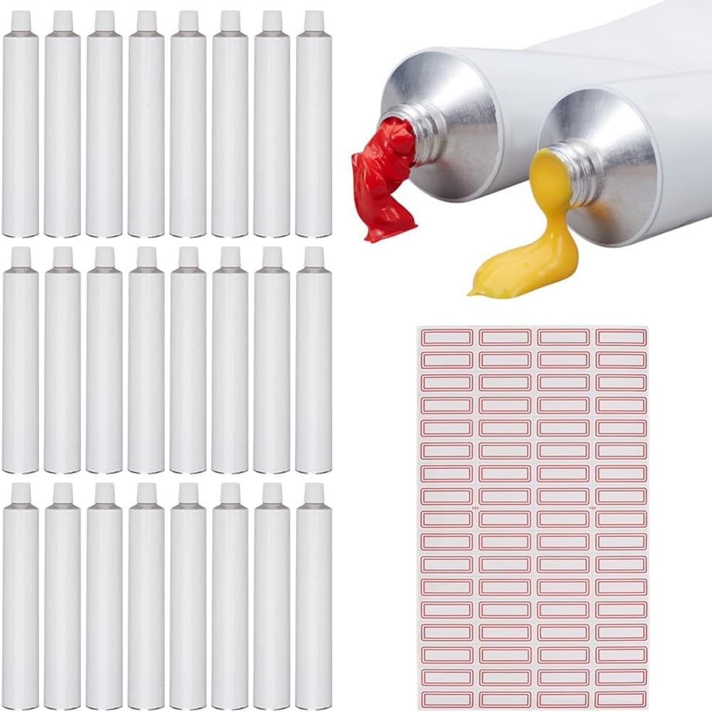 Bortivier 24Pcs Blank White Empty Oil Paint Tubes 60ml Aluminum Paint Tubes with 2 Sheets Self-Adhesive Toothpaste Style Pads