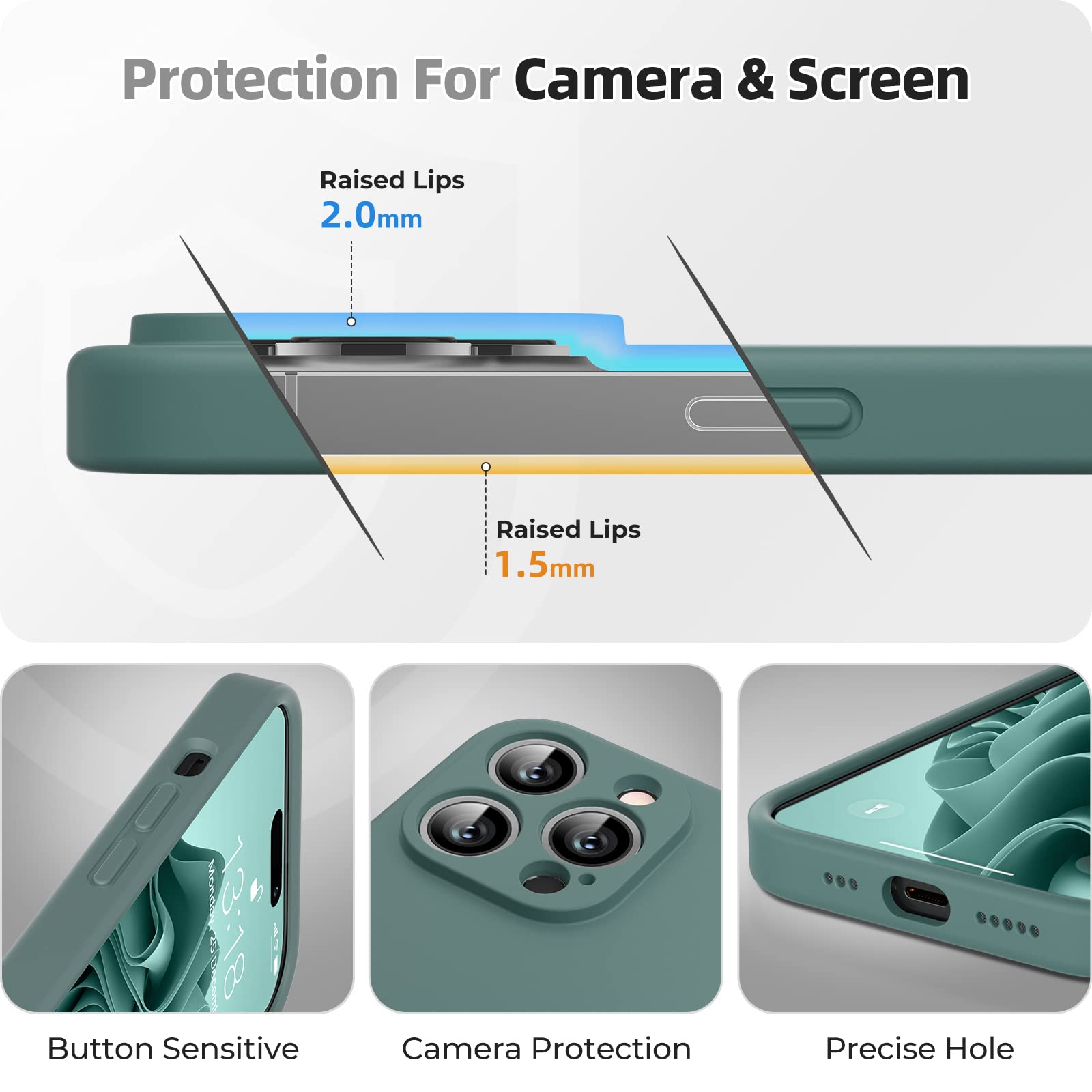 GOODVISH 3 in 1 Cover in Silicone per iPhone 14 Pro 6,1" (2022), con 2 Pezzi di Pellicola Protettiva, iPhone 14 Pro Custodia per Cellulare Antiurto Resistente Protezione Fotocamera, Verde Pino