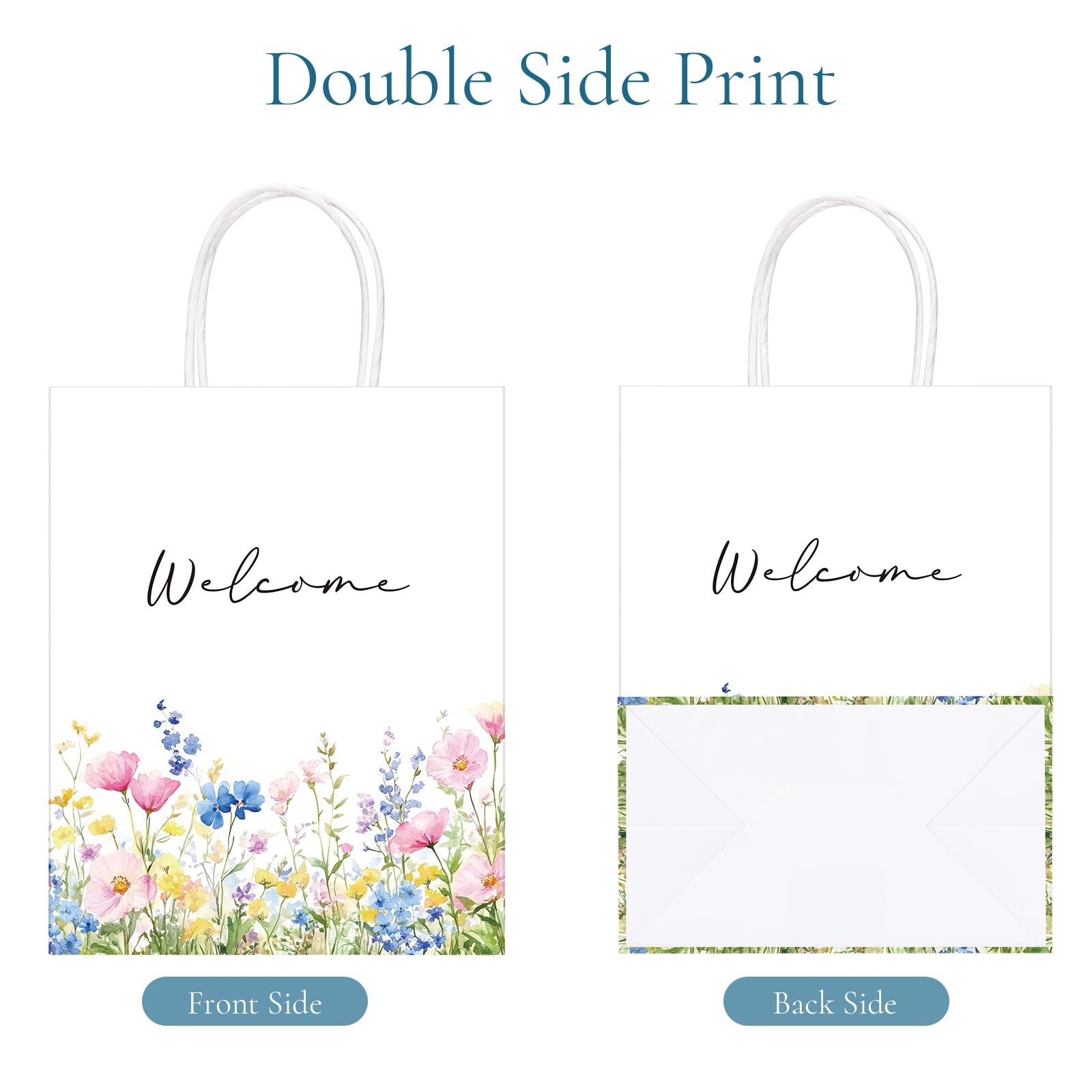 QIELSER Bolsas de bienvenida para invitados de boda a granel, flores silvestres de acuarela, bolsas de regalo de bienvenida con asas, bolsas de papel de compras, buenas para bodas, suministros de