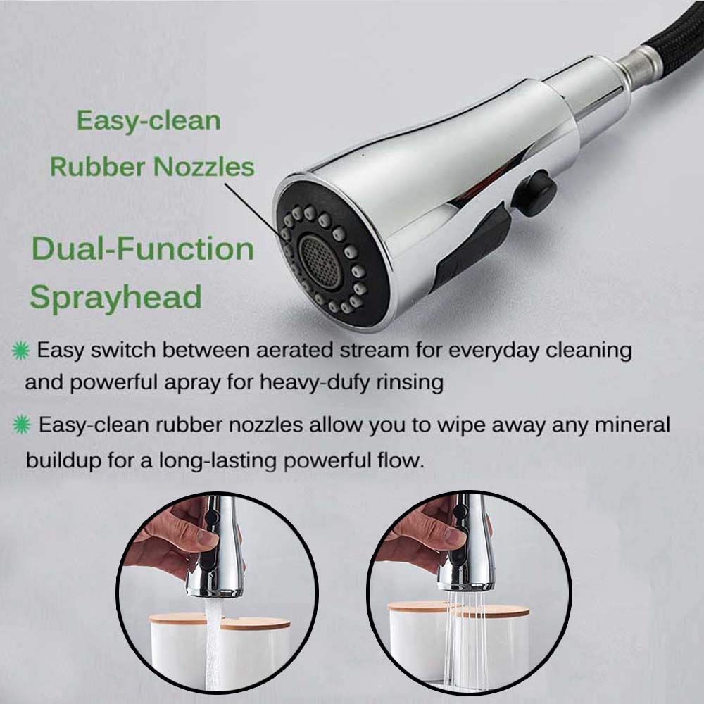 Grifo de cocina cromado con filtro de agua pura, grifo de cocina de latón de 3 vías giratorio, para tirar hacia abajo, doble manilla, grifo mezclador caliente y frío