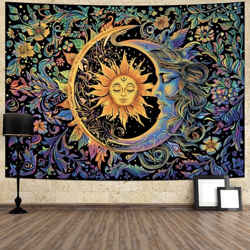 Image of MAKABEE Tarot Style Sun and Moon Tapestry Psychedelic Mystic Floral Tapestry Hippie Boho Flower Plants Wall Tapestry Vintage Aesthetic Tapestry Wall Hanging for Bedroom
