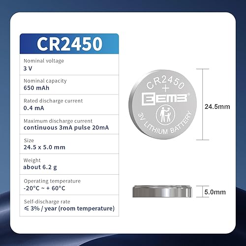 Miniatura 2 de EEMB Paquete de 5 pilas CR2450 de litio de 3 V con 2450 botones DL2450, ECR2450, BR2450, para reloj, velas votivas, sistema de alarma, llavero de