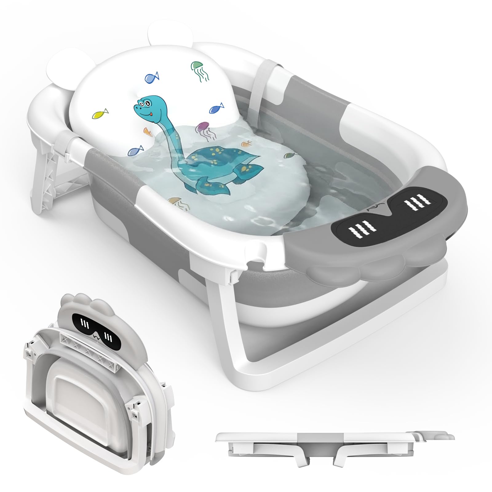 Foldable Baby Bath Tub Collapsible Toddler Bathtub Baby Bath Essentials for Newborn with Seat Support Cushion Stand Folding Baths for Infant 0-12 Months Kids Babies Gift Portable Travel Bathing Tubs
