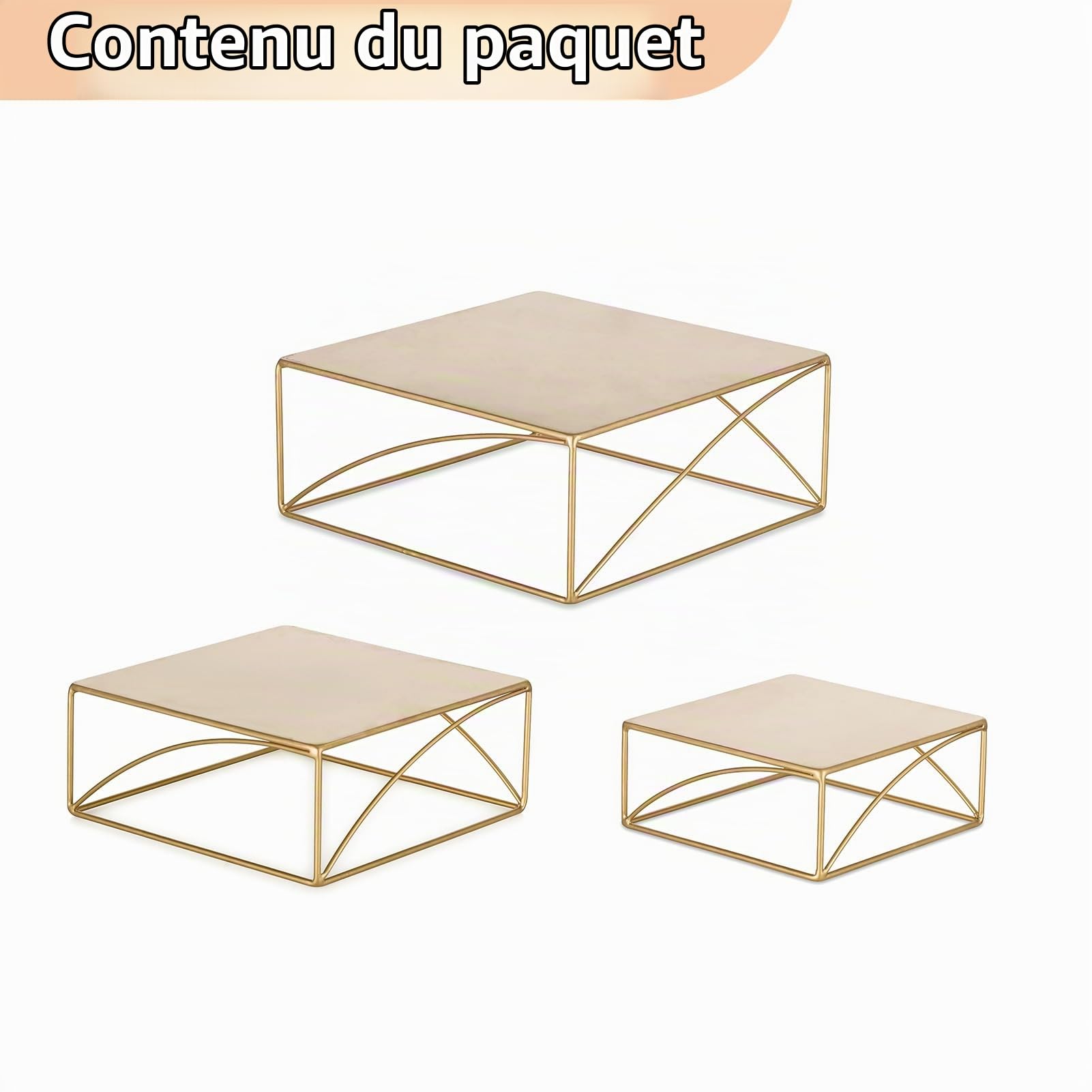 NUPTIO Presentoir Gateau Support Display: Set de 3 Présentoir Gâteau Mariage Dore Cupcake Pied Carré Metal Cake Wedding Stand Gâteaux Noel Decoration Anniversaire