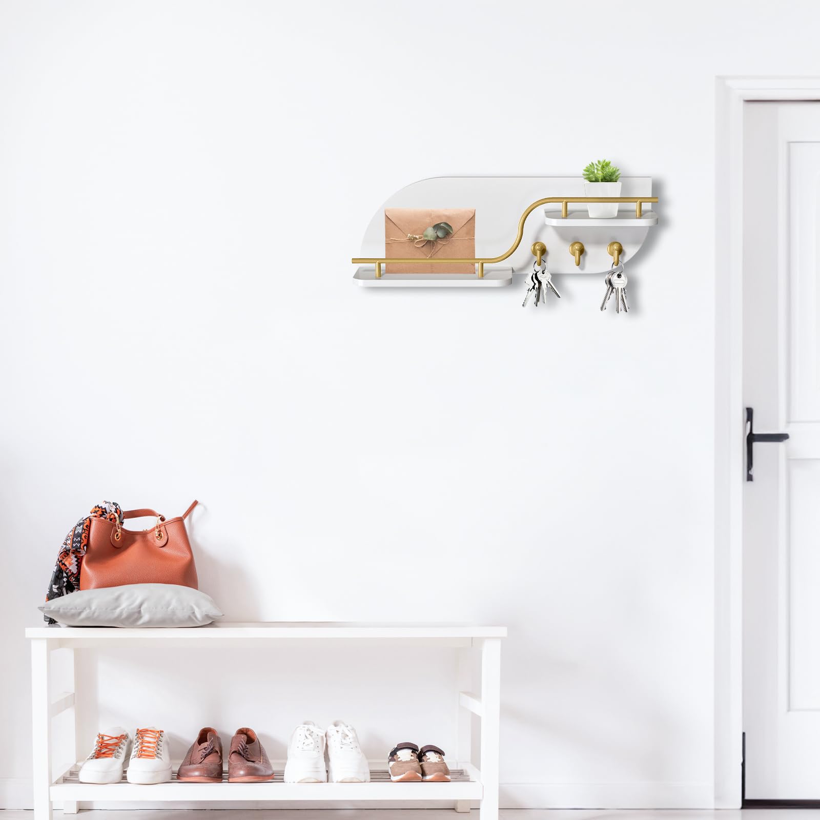 Portachiavi da parete, organizer decorativo per chiavi e posta, con 3 ganci in metallo e 2 ripiani, in legno, da parete, per ingresso, bianco