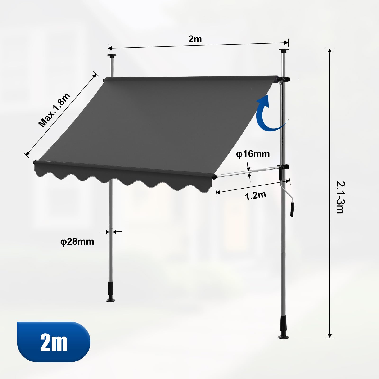 Store Banne Rétractable Terrasse 200x120cm, Store de Balcon-Hauteur Réglable Manuel, Auvent de Patio sans Perçage, Store Téléscopique Extérieur UV Résistant, Marquise de terrasse, Gris Foncé