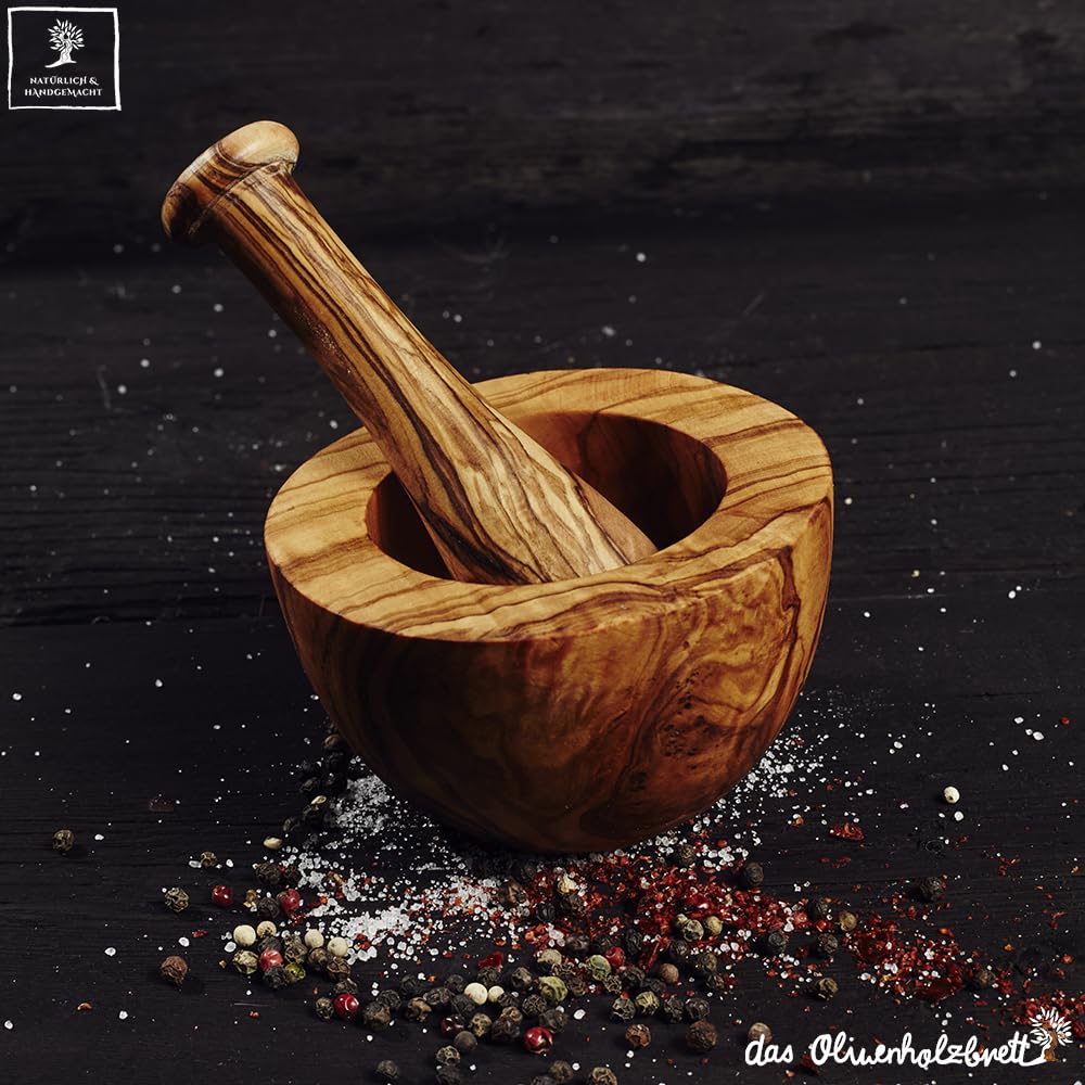 DAS OLIVENHOLZBRETT® Olivenholz Mörser und Stößel glatt/Olivenholzmörser SET/robuster Holzmörser/Gewürzmörser für Pfeffer, Salz, Kräuter, Nüsse etc. aus hochwertigem Hartholz - fein gemasert Ø16cm