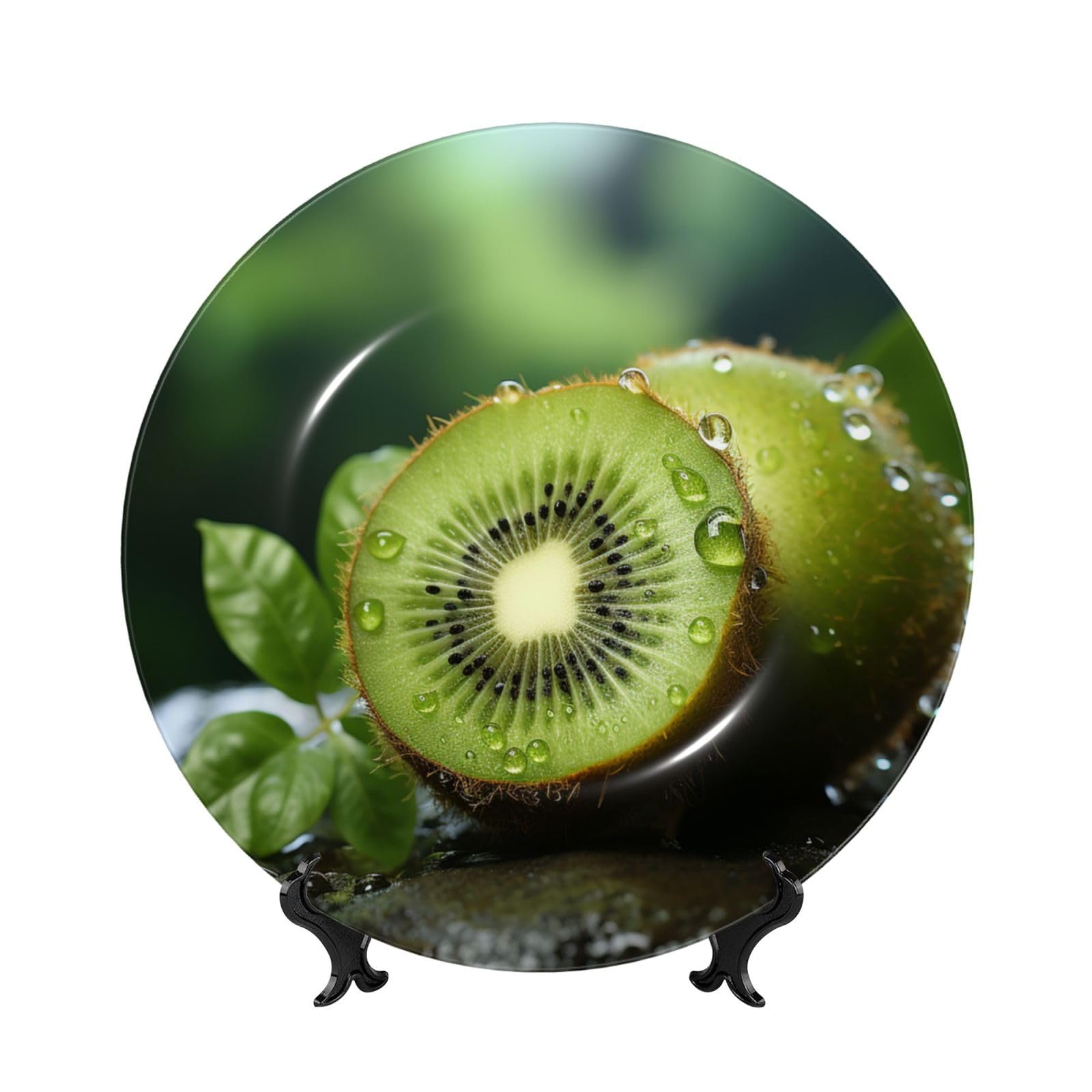 Assiette en porcelaine Kiwi vert support inclus pour embellir un mur vide