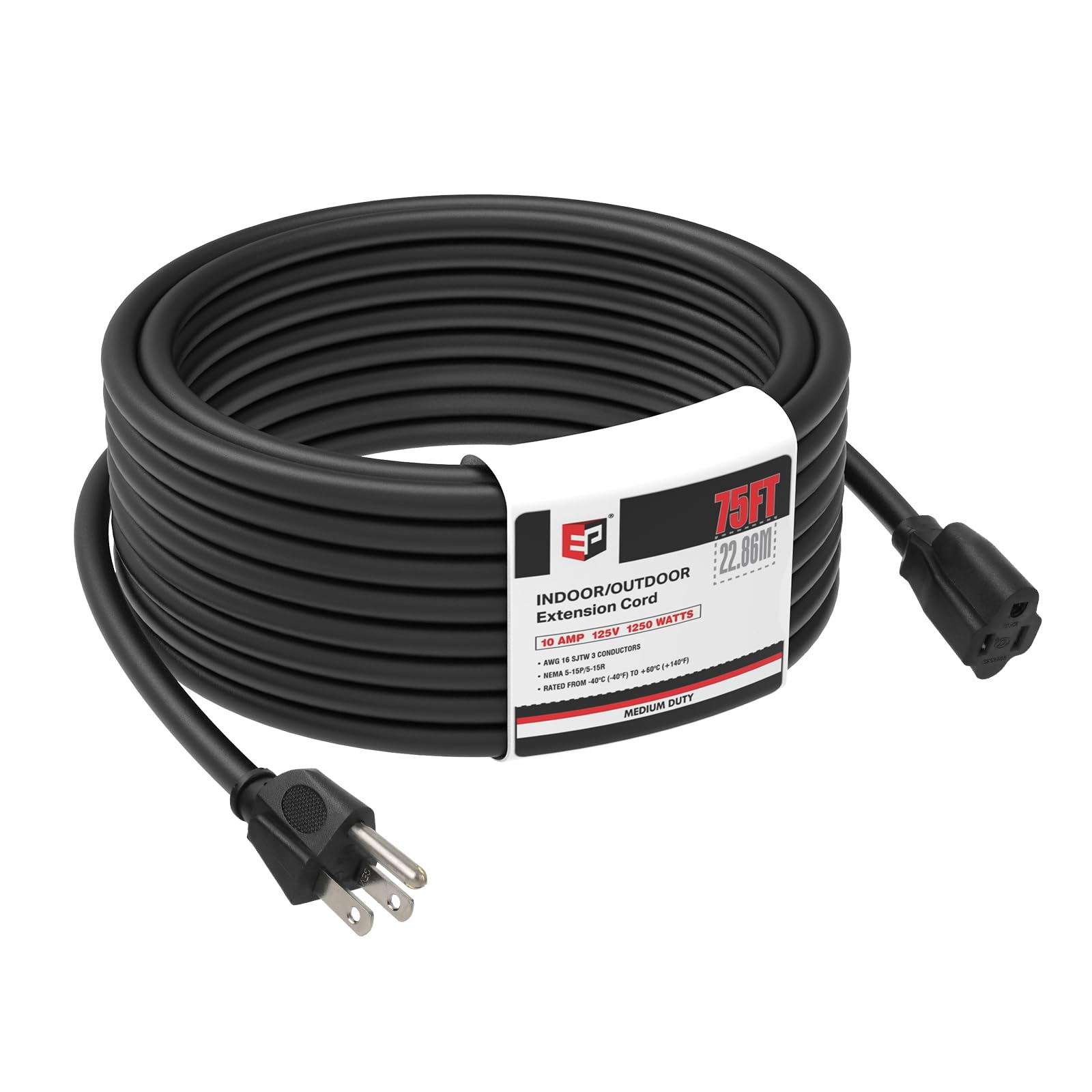 EP 75 FT Outdoor Extension Cord, 16/3 SJTW Heavy Duty Black, ETL Listed