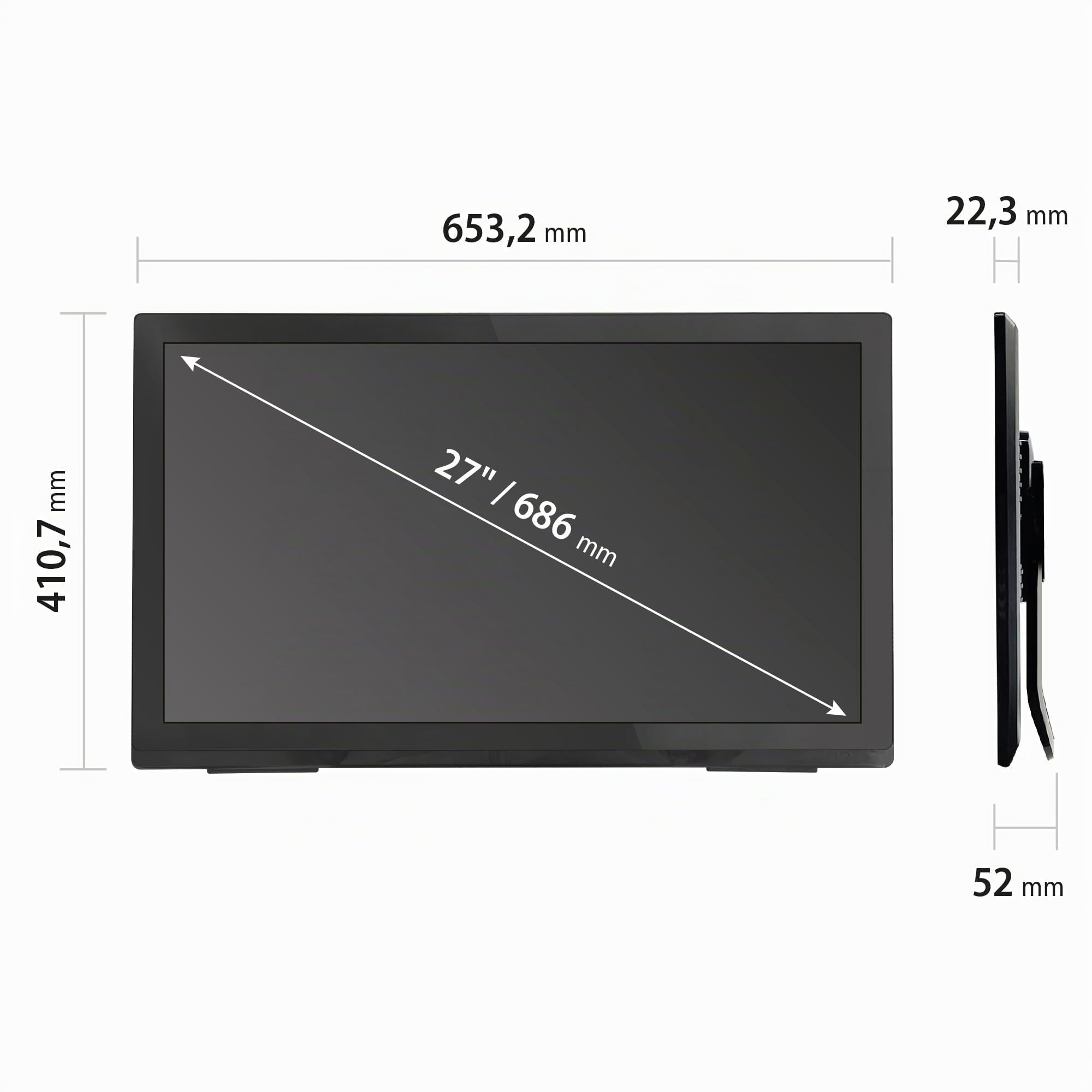 Atlantis Monitor Touch 27 pollici Full HD a 10 tocchi, vetro 7H | 1920x1080 HDMI/VGA/DP, inclinazione 15°-50°, contrasto 1000:1, angolo 178°, VESA 100, cod. A05-T27A-VHDM