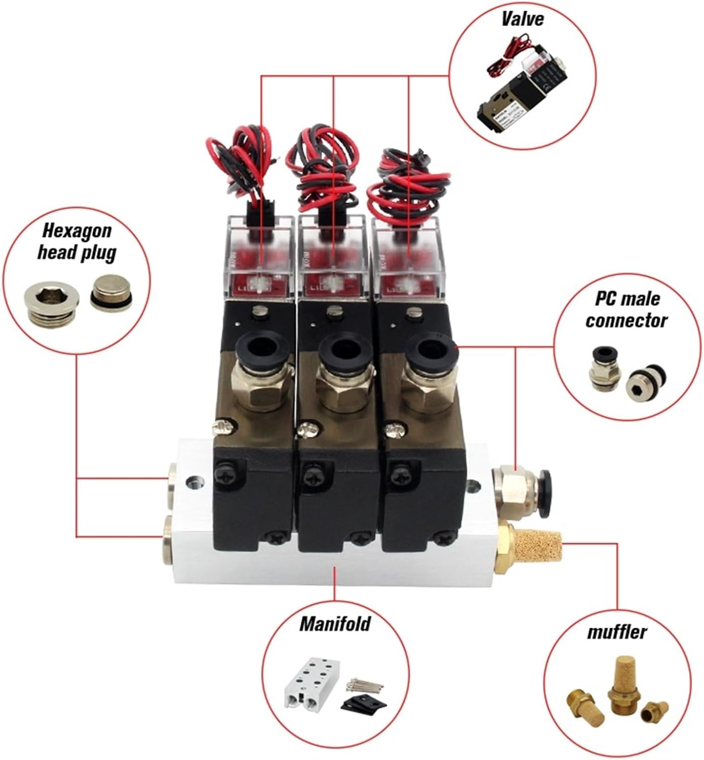 3V110-06-NO Normally Open Solenoid Valve Stations Block With Muffler Fitting Base Manifold DC12v DC24v AC110v AC220v 3 Port 1Pcs(AC110V 6mm fittings,6 Stations)