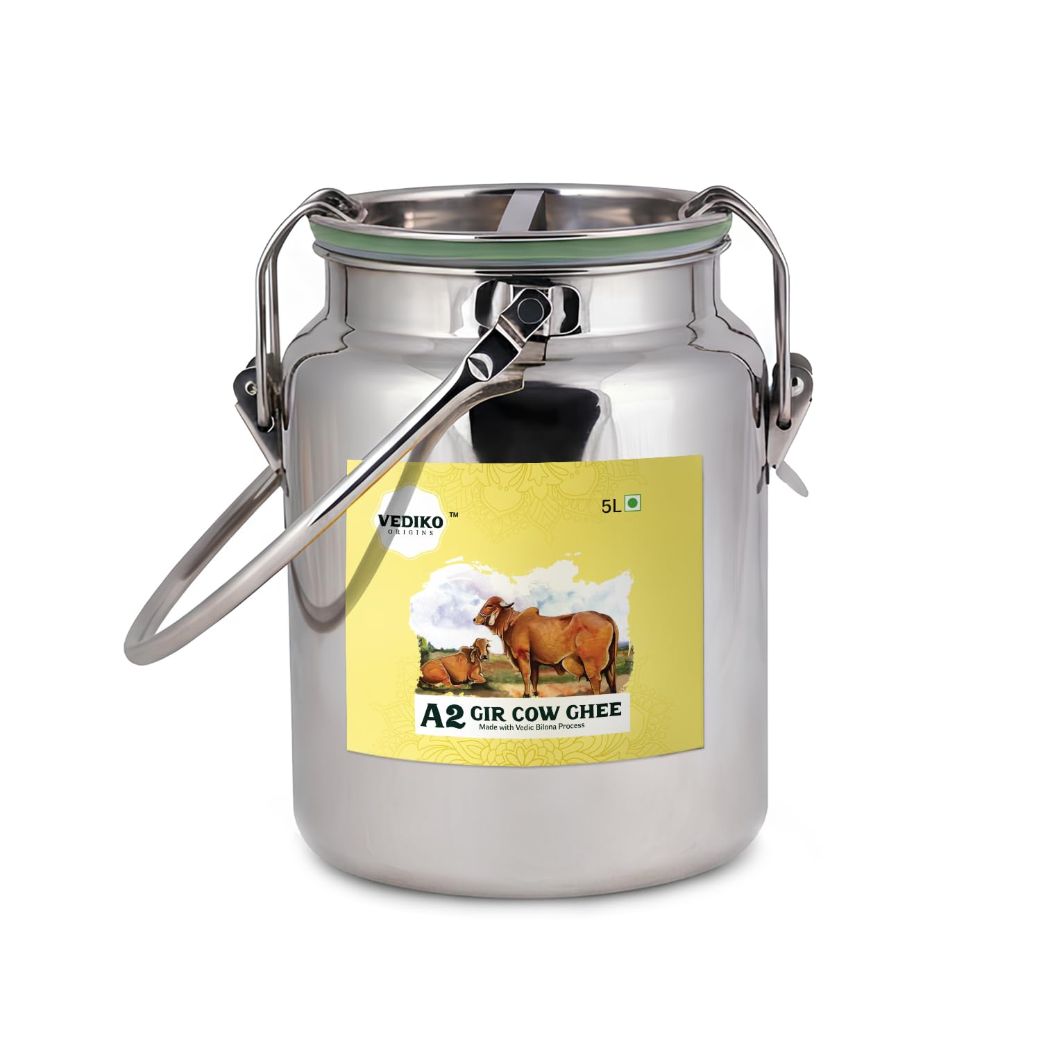 Vediko Origins A2 Gir Cow Ghee 5L | Curd-Churned & Firewood-Cooked | Grass-Fed Desi Gir Cows | Pure, Natural, Danedar, Ayurvedic, Lactose-Free & Gluten-Free Ghee | Leakproof & Reusable Stainless Steel Dolchi (5L)-image-34