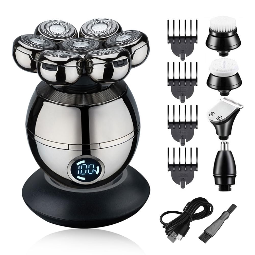 Afeitadora Cabeza Hombre,5 en 1 Afeitadora Electrica Hombre para Calva con 7 Cabezas Rotativa,Máquina de Afeitar Impermeable,Afeitadora cabeza Multifuncional para Nariz Orejas Rostro,antipellizcos