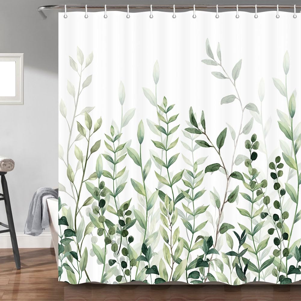 Torich Green Leaves Shower Curtain for Bathroom, Spring Botanical Floral Bird Plant Waterproof Decor Fabric Shower Curtain Set with Hooks 69x72 Inch