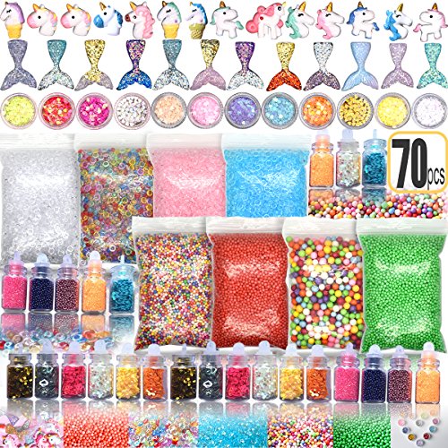 70PCS Slime Add Ins Slime Kit Floam Beads Fish Bowl Beads Mreaind Unicorn Slime Charms Glitter Jars Slime Supplies Kit