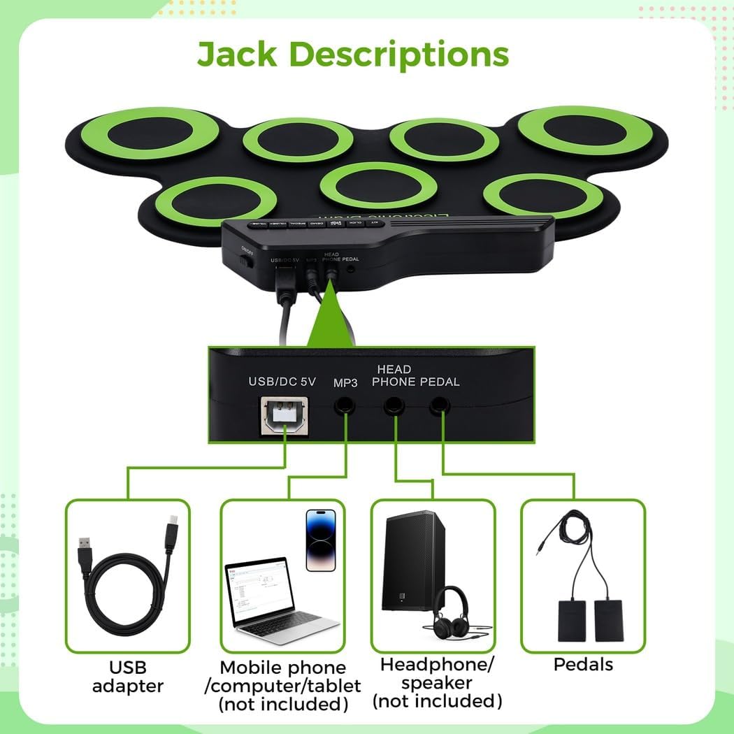 Drum Set Roll Up, 7 Pads Electronic Drum Pad Kit with 3.5 Mm Headphone Jack & 2 Foot Pedals, USB/Battery Powered Drum Practice Pad, Present for Beginners, Kids, Adults, Easy to Use
