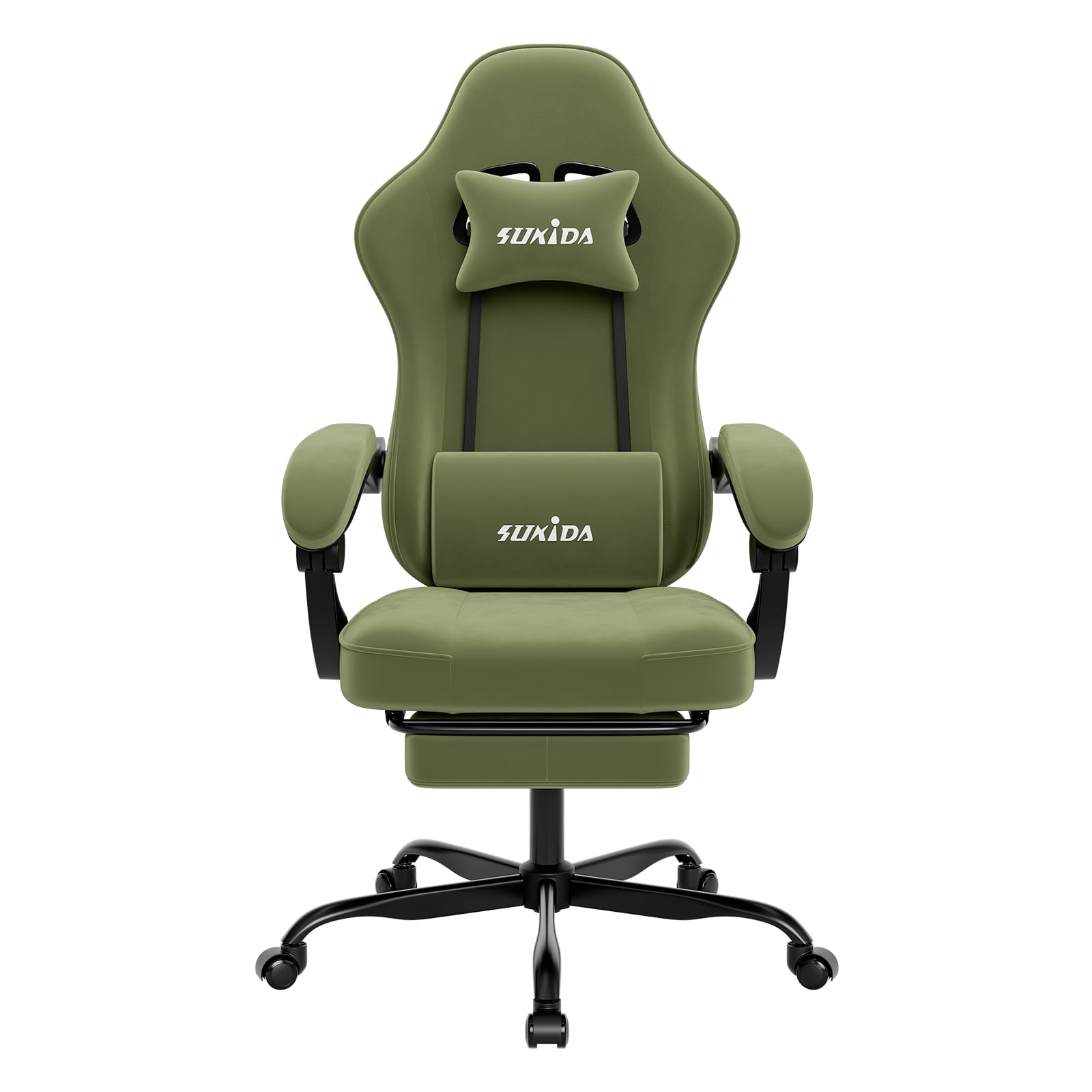 SUKIDA Gaming Stuhl, Ergonomischer Gaming Chair mit Fußstütze, Verstellbarer Racing Computerstuhl mit Lordosenstütze, GRÜN Ergonomisch Stoff PC-Stuhl