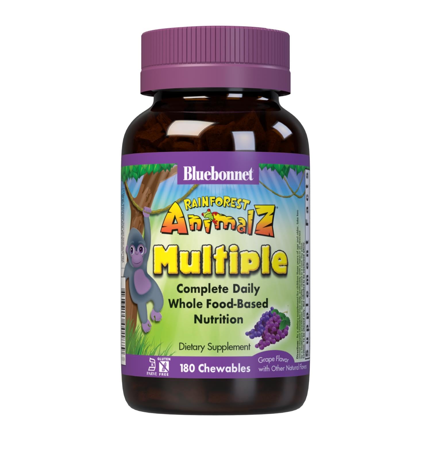 BlueBonnetNutrition Rainforest Animalz Whole Food Based Multiple Chewable Tablets, Kids Multivitamin & Mineral, Vitamin C, D3, Iron, Gluten Free, Milk Free, Kosher, 180 Chewable Tablets, Grape Flavor