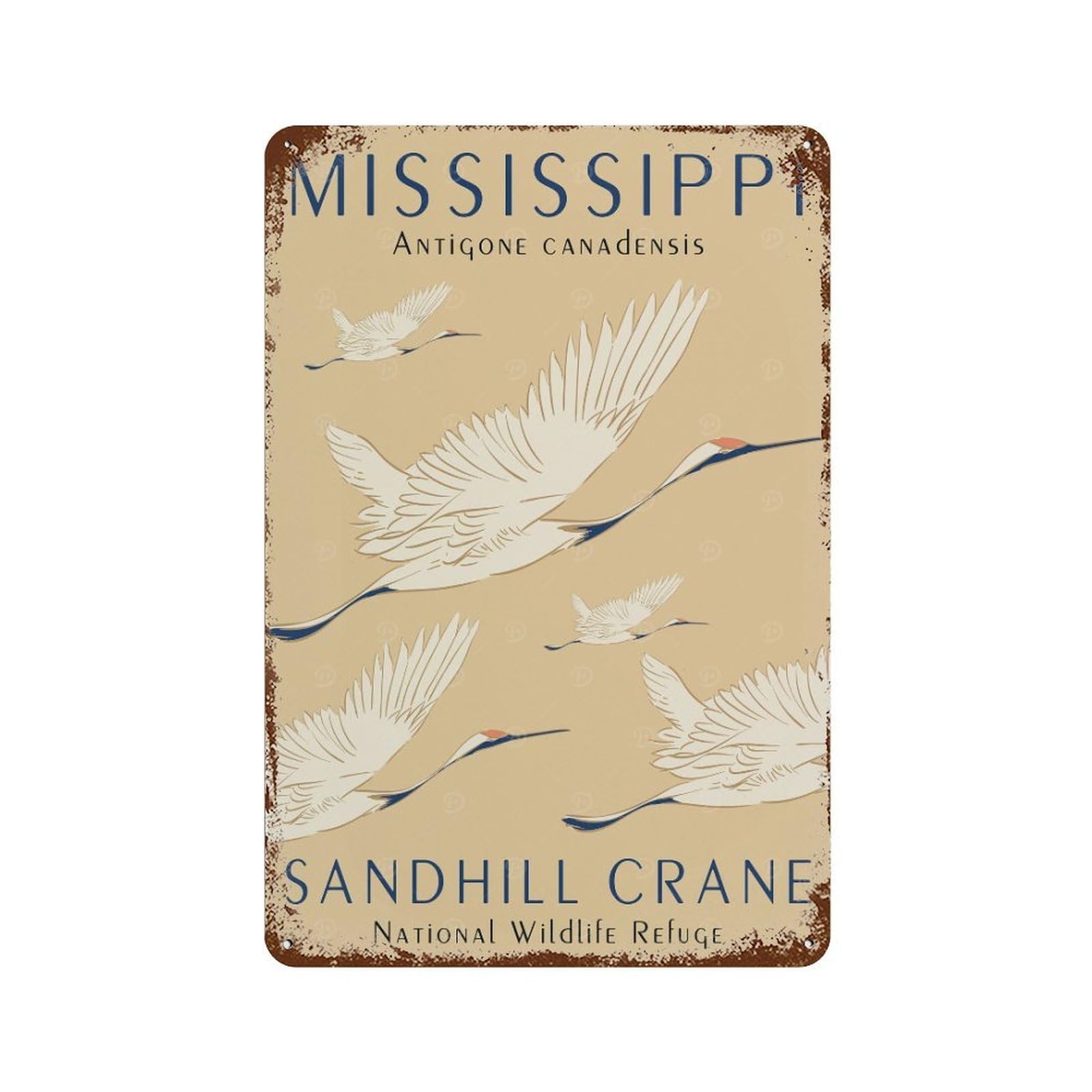 Vintage Rust Metal Sign with Mississippi Sandhill Crane Design 11.8"x7.9", for Office, Studio And Wall Decor, Farmhouse Wall Decor