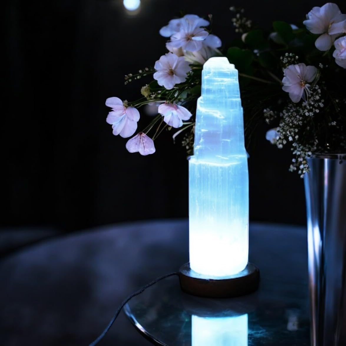 Pro Home White Selenite Crystal Mountain Tower Lamp Color Changing Usb Led Lamp Wood Base Table Lamp For Healing Decoration Gift (15Cm)