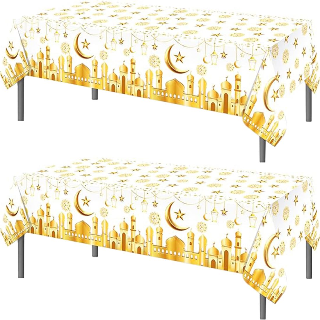 TOKYMOON 2 Pack of Disposable Eid Mubarak Moon Themed 54x87In Tablecloths Yellow Gold Mubarak Party Table Cover for Muslim Ramadan Party Decorations Supplies โ image 1