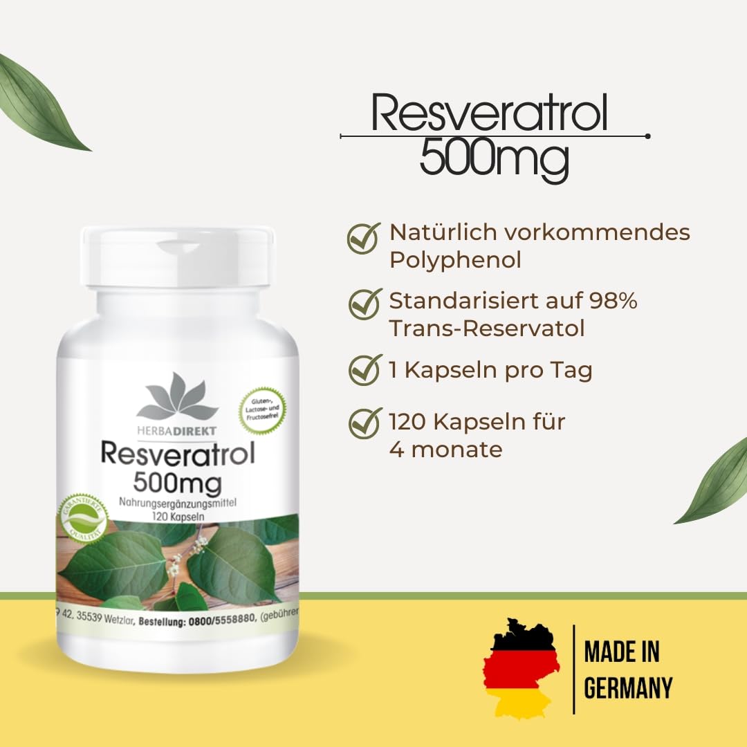 Resveratrol 500mg - Hochdosiert - Knöterich-Extrakt - 120 Kapseln | HERBADIREKT by Warnke Vitalstoffe - Deutsche Apothekenqualität