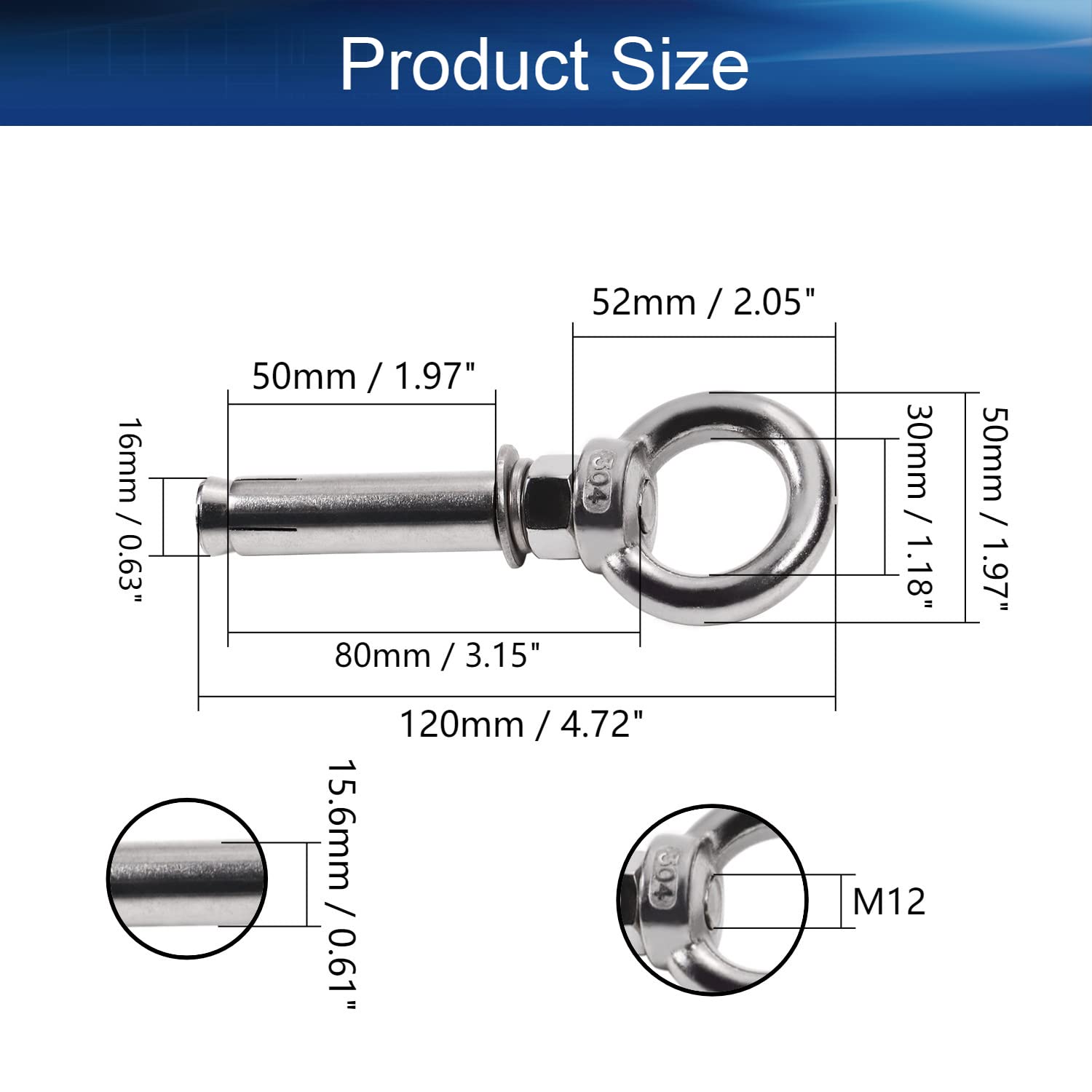 Threaded Eyebolts?Expansion Screw M6-M20 Hex Nut Sleeve Anchor Expansion Bolts Fastener 304 Stainless Steel Anchor Concrete Expansion Eye Bolts Convenient for Engineering Fixation Silver Tone 2pcs(M12
